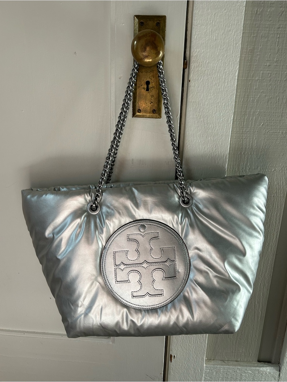 Tory Burch Metallic Silver Quilted Logo Chain Tote